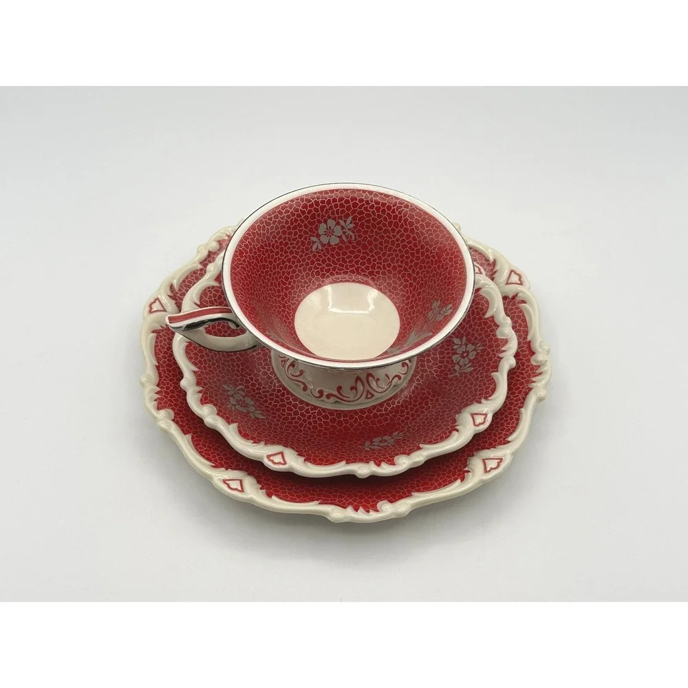 Vintage Seltmann Weiden Germany Tea Cup Saucer Plate Set Red Silver Plated Trim